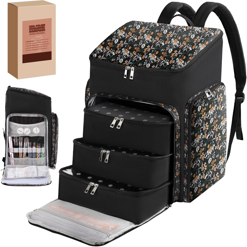 Floral Pattern Nail Polish Storage Backpack, Large Capacity Organizer Case with