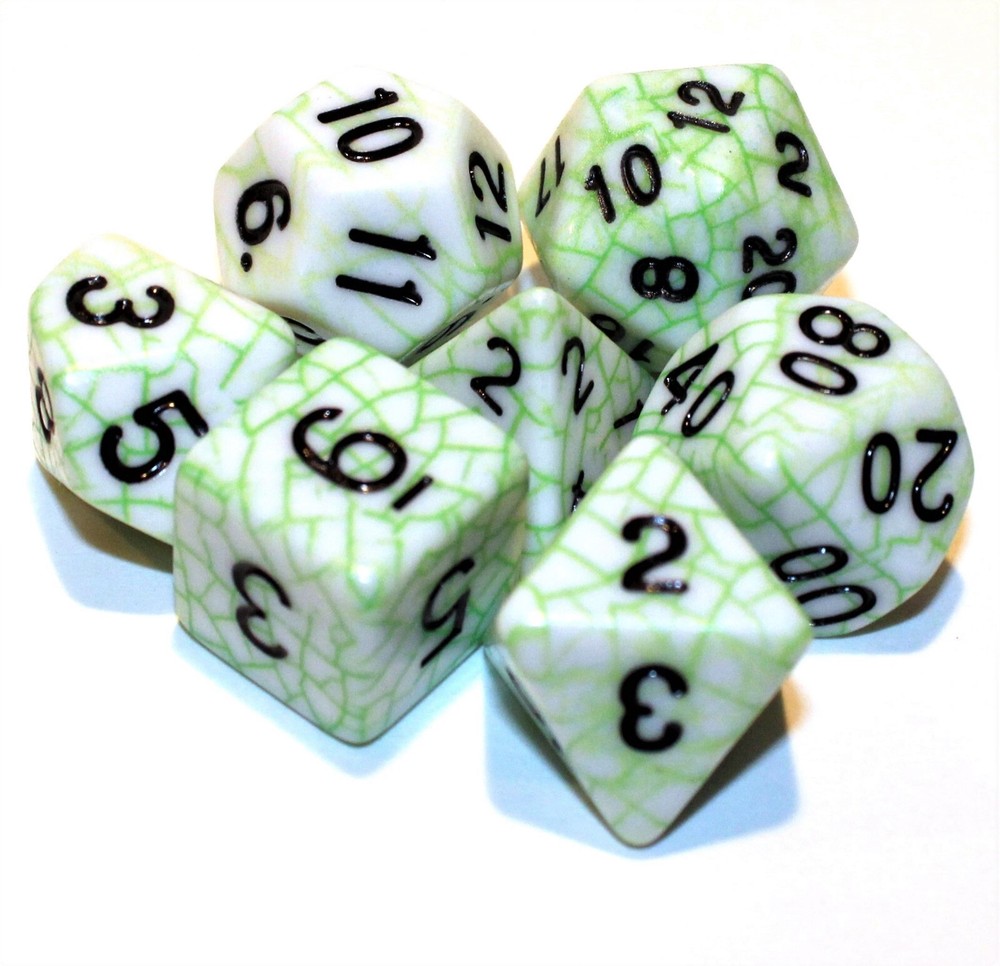 New 7 Piece Spider Web Polyhedral Dice Set - Green w/ Green Bag