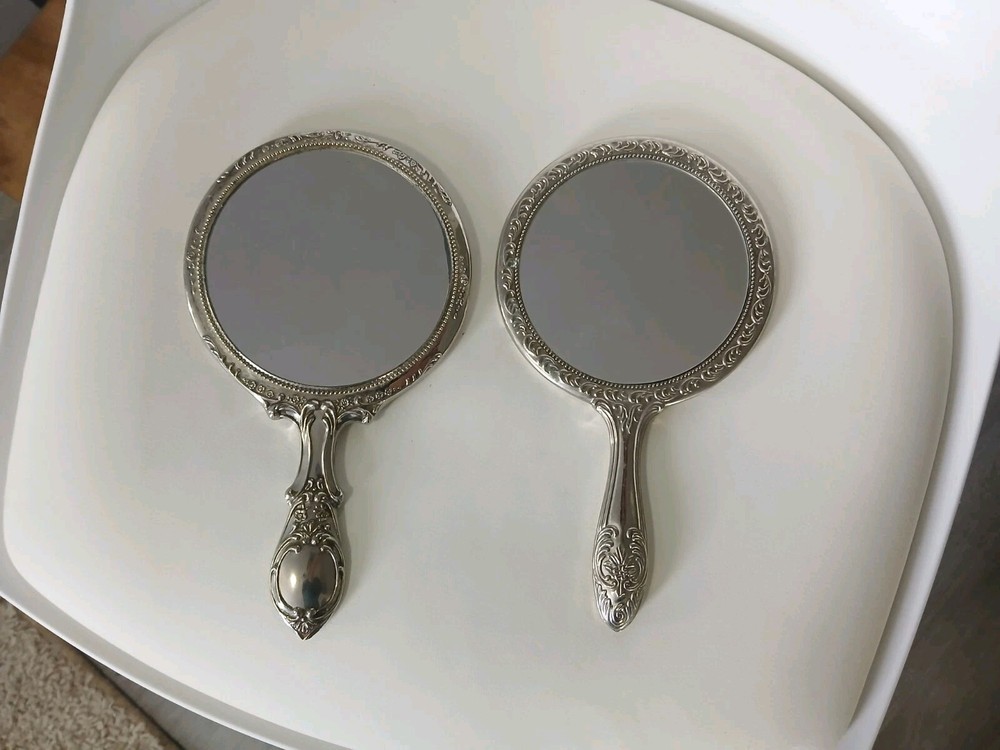 9.25" Vintage Silver Handheld Ornate Vanity Mirrors