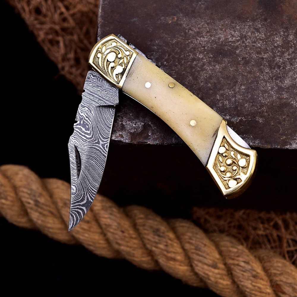 Handmade Damascus Pocket knife - Folding Blade Lock-Back Handle Camel bone