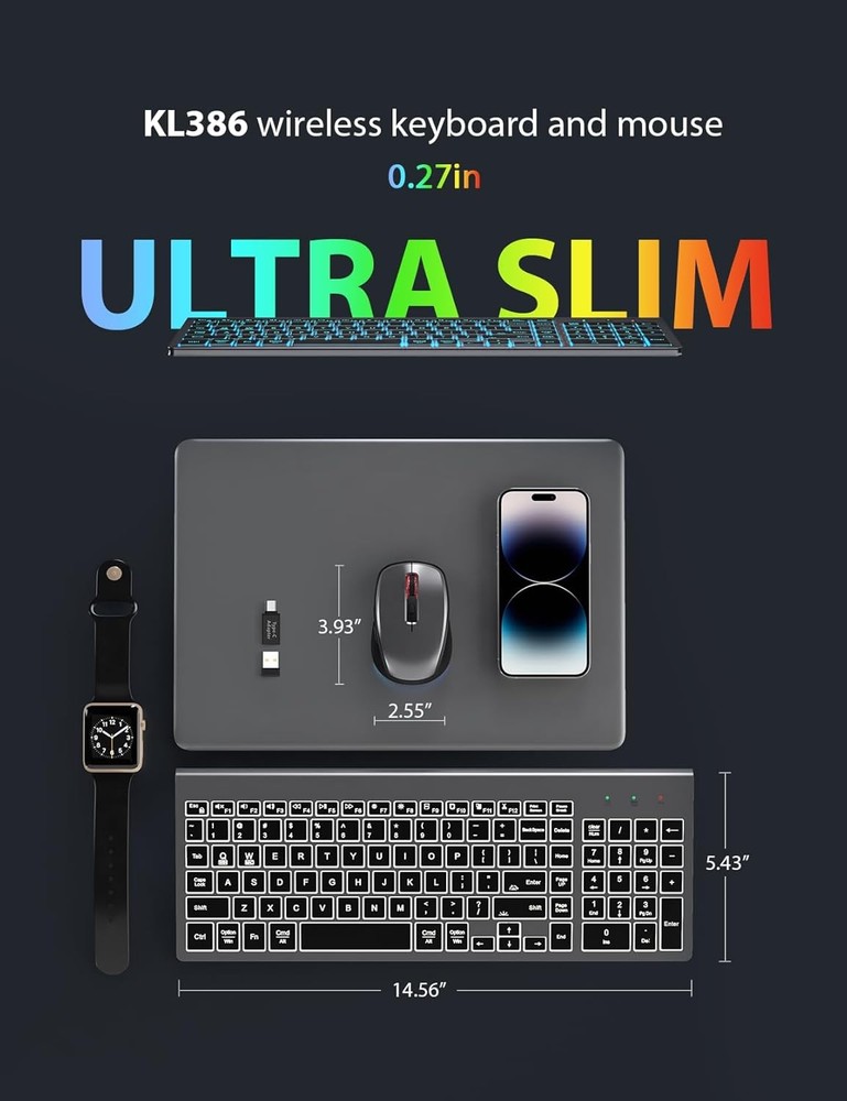 Wireless Keyboard and Mouse Combo Backlit Compact Quiet Keyboard RGB Cordless