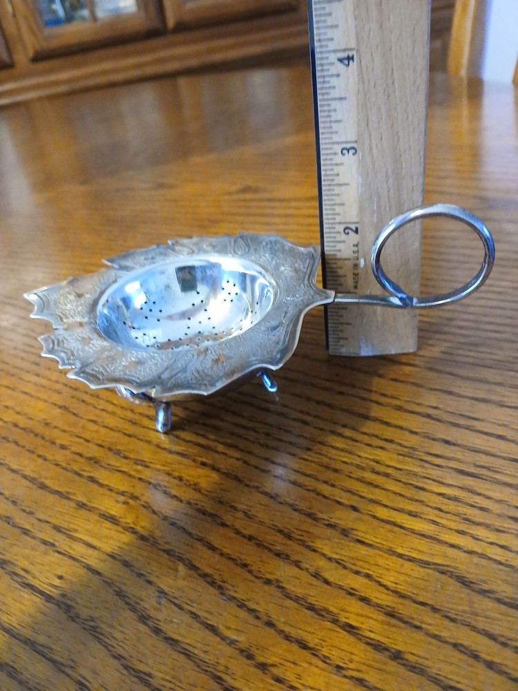 Vtg Silverplate MapleLeafShapeTea Strainer w/Drip Cup-Engraved