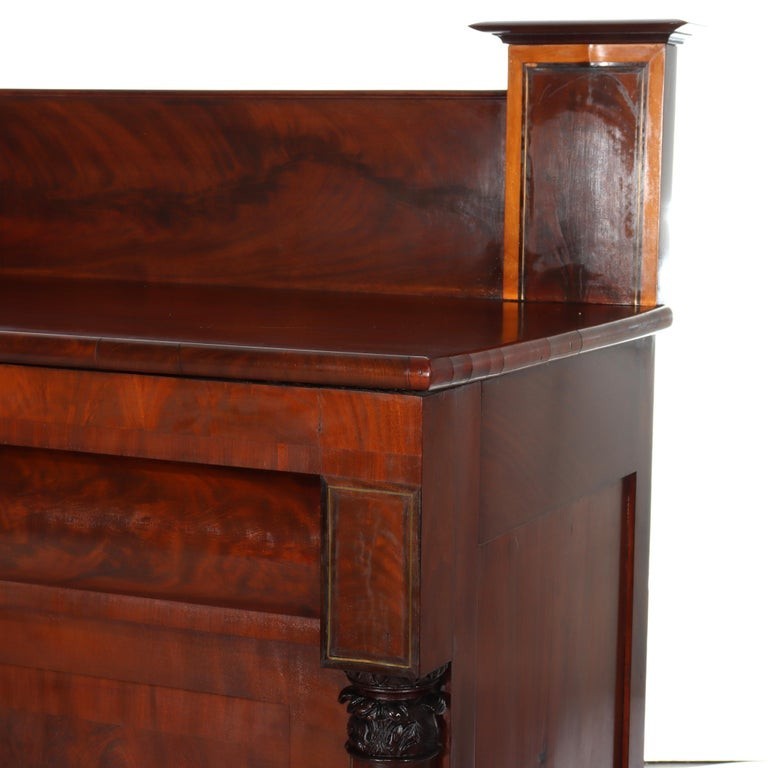 Antique American Empire Classical Flame Mahogany Sideboard, Bronze Pulls, c1840