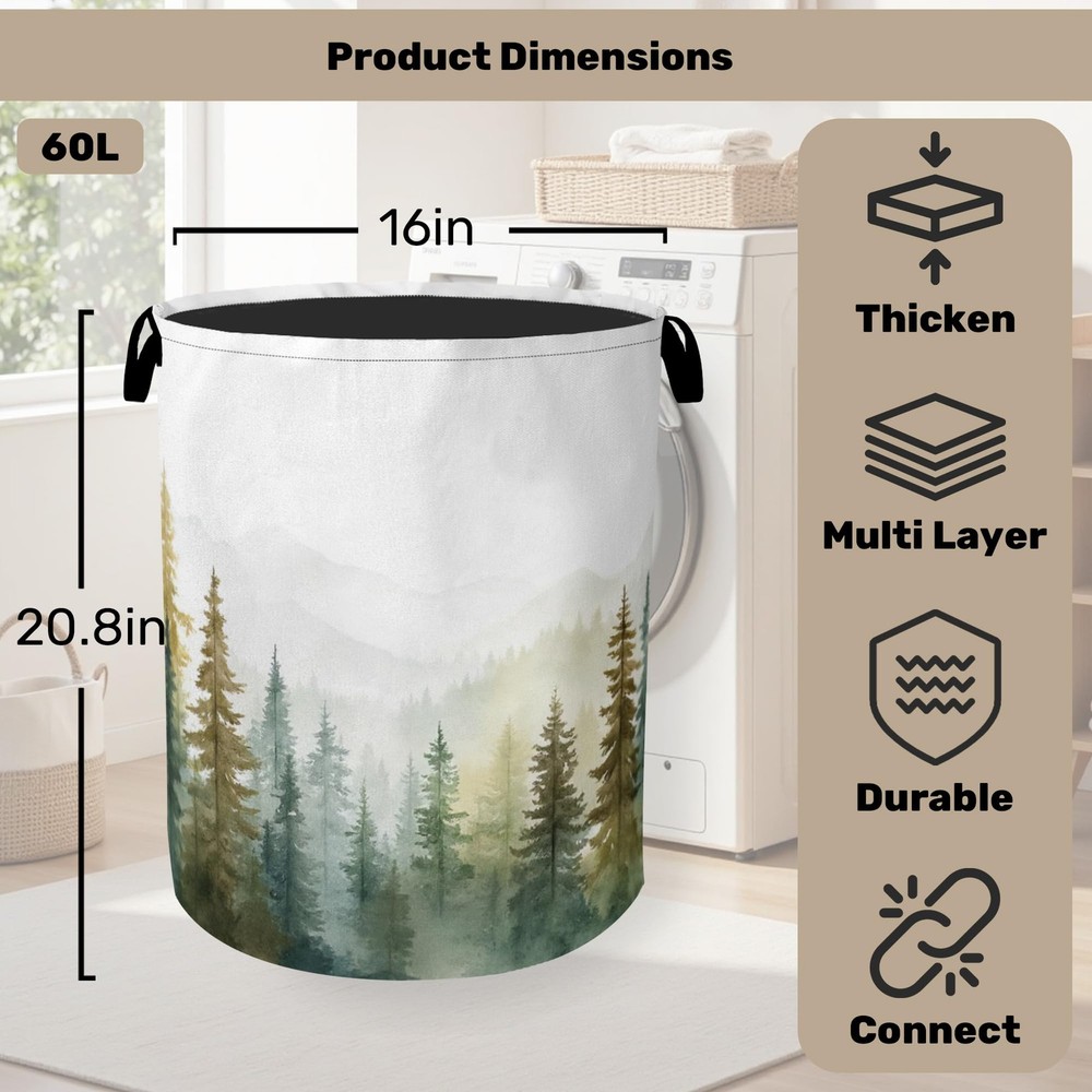 Misty Forest Green Foldable Laundry Hamper Waterproof Fabric Storage Bag