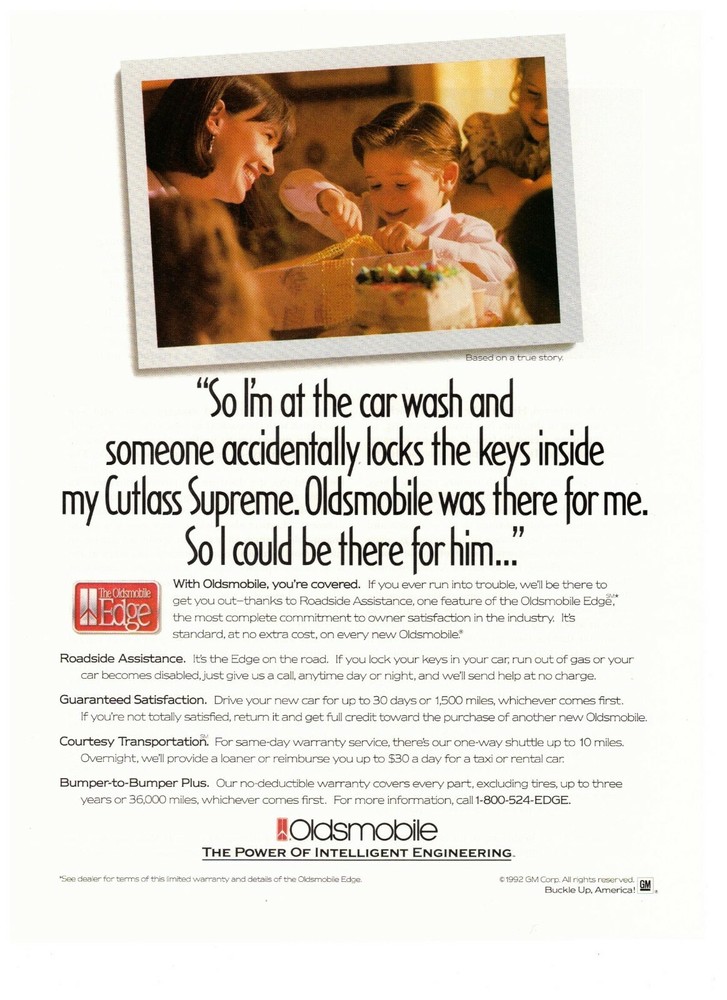 1992 Oldsmobile Edge Roadside Assistance Coverage Vintage Print Advertisement