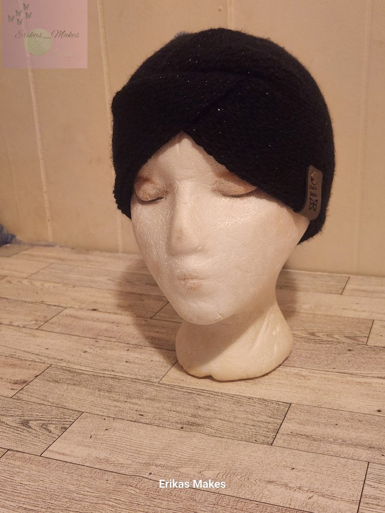 Sparkly Black Knit Twisted Earwarmer Headband Handmade