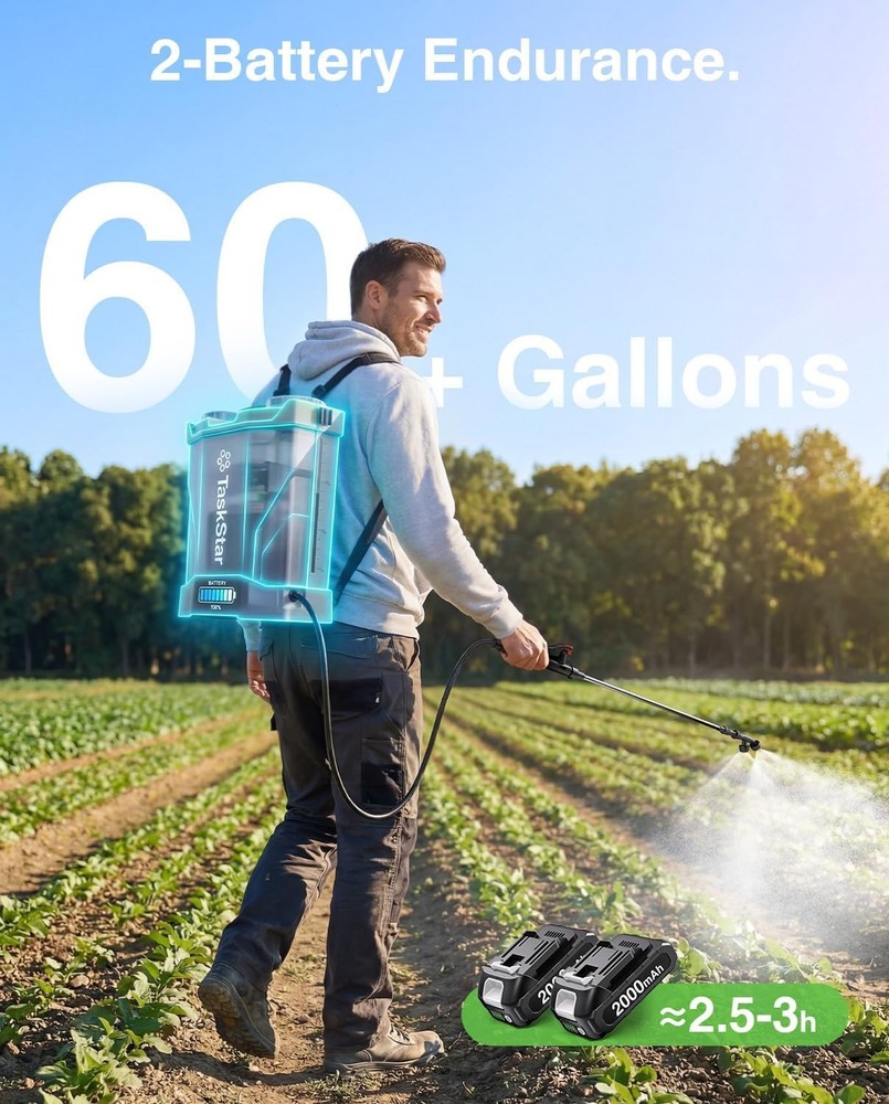TaskStar 4 Gallon Electric Backpack Sprayer Cordless Garden Sprayers 2X2000MAH