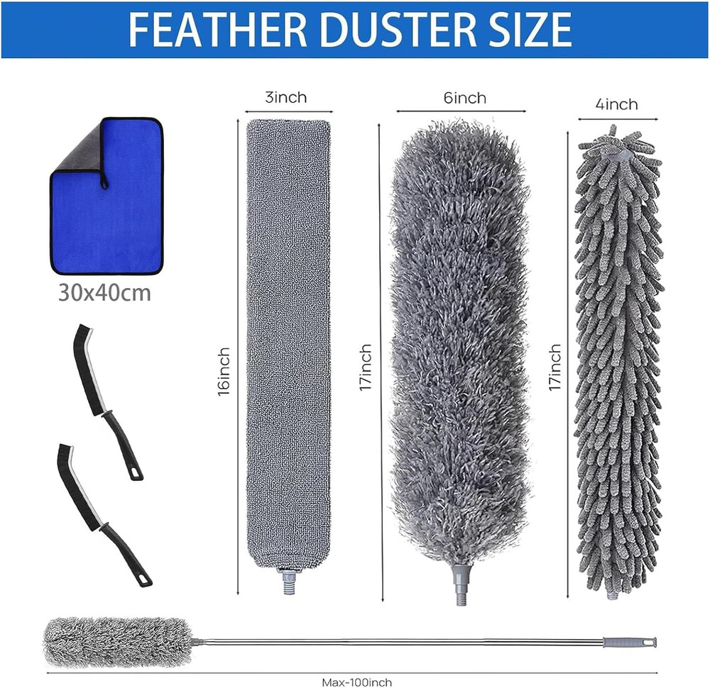 7 Pcs Microfiber Feather Duster Kit 100in Telescopic Pole Extendable