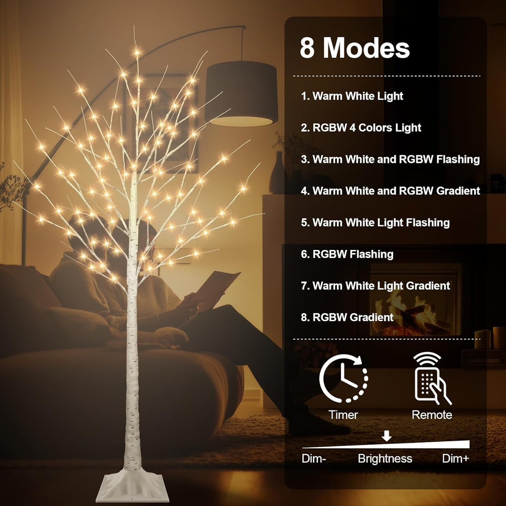 5FT Lighted Birch Tree, Birch Tree with 90 LED Lights, 8 Flash Modes and Timer,