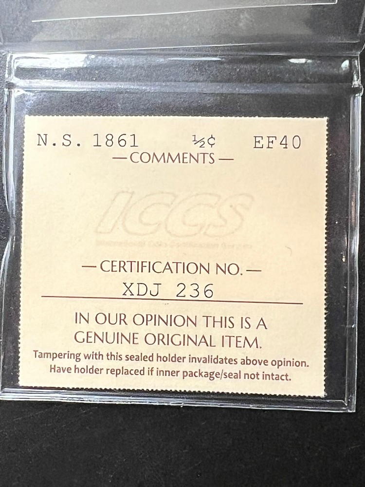 1861 Nova Scotia Half Cent ICCS Graded EF-40
