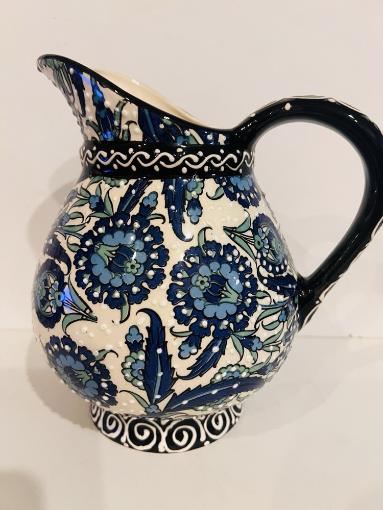 Nakkas Cini Blue Floral Water Pitcher 8.5" Turkish Hand Painted Raised Pattern