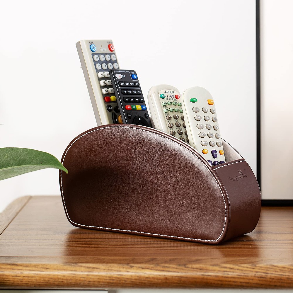 PU Leather Remote Control Holder Organizer Box with 5 Compartments Brown