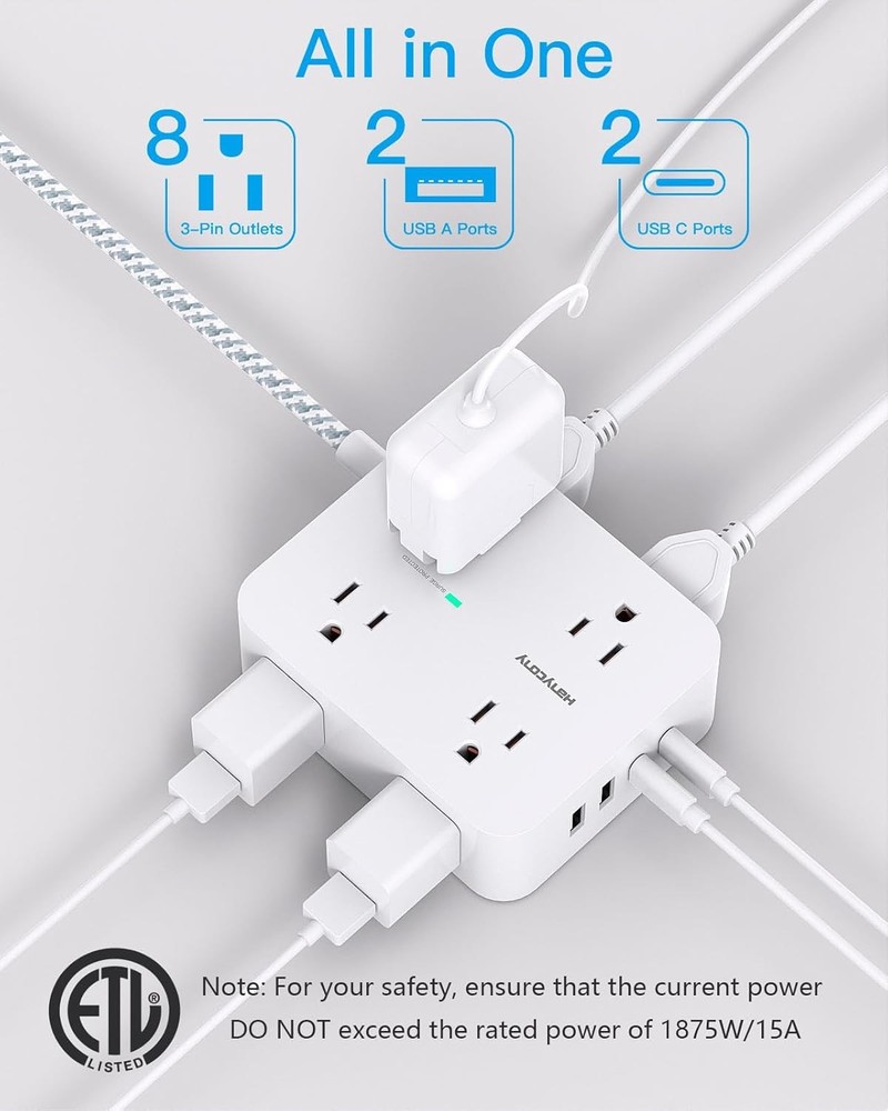 Surge Protector Power Strip USB (2 USB C) Charging Ports, Multi Plug
