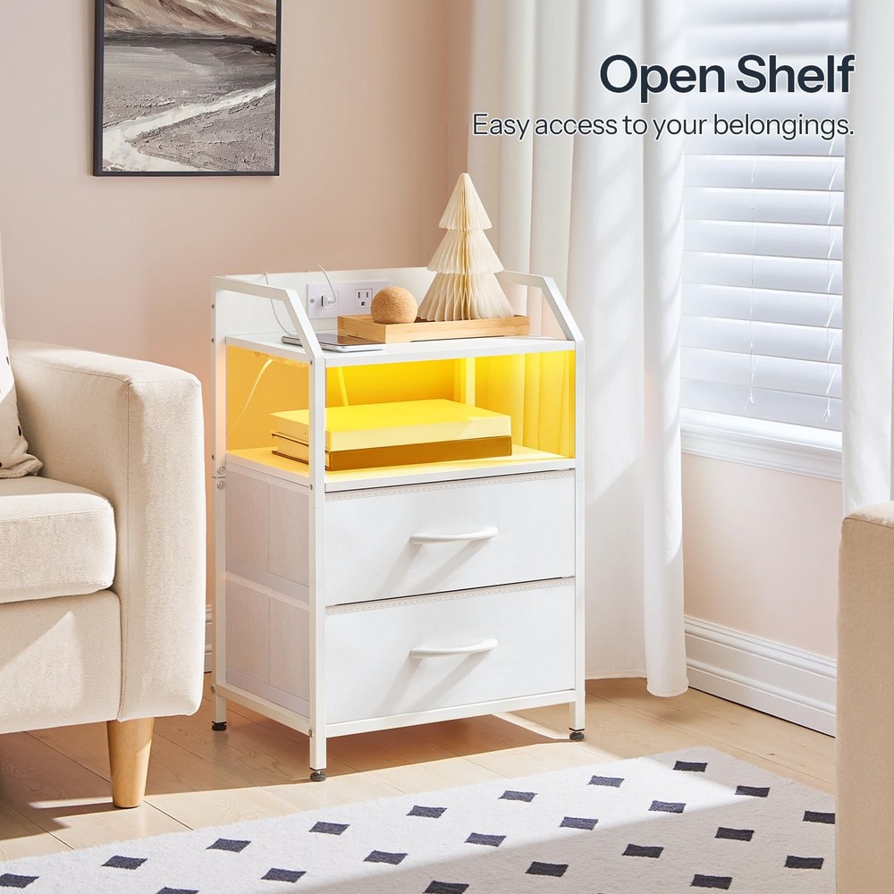 Nightstand with Charging Station, Bedside Table with Adjustable Fabric Drawer...