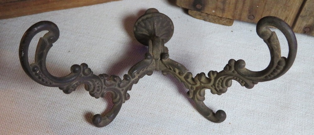 ORNATE Antique DOUBLE Cast Iron Victorian Hall Tree Coat Hat Hook #3