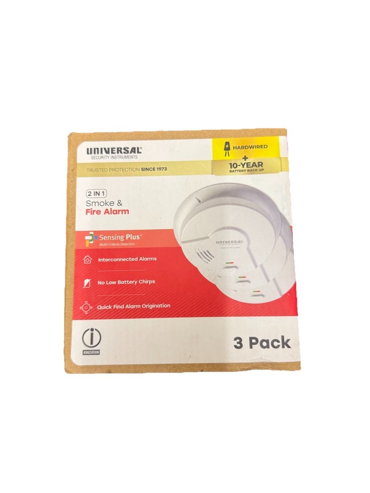 Universal Security 3 Pack Hardwired Smoke Detector W/ Ionization Sensor