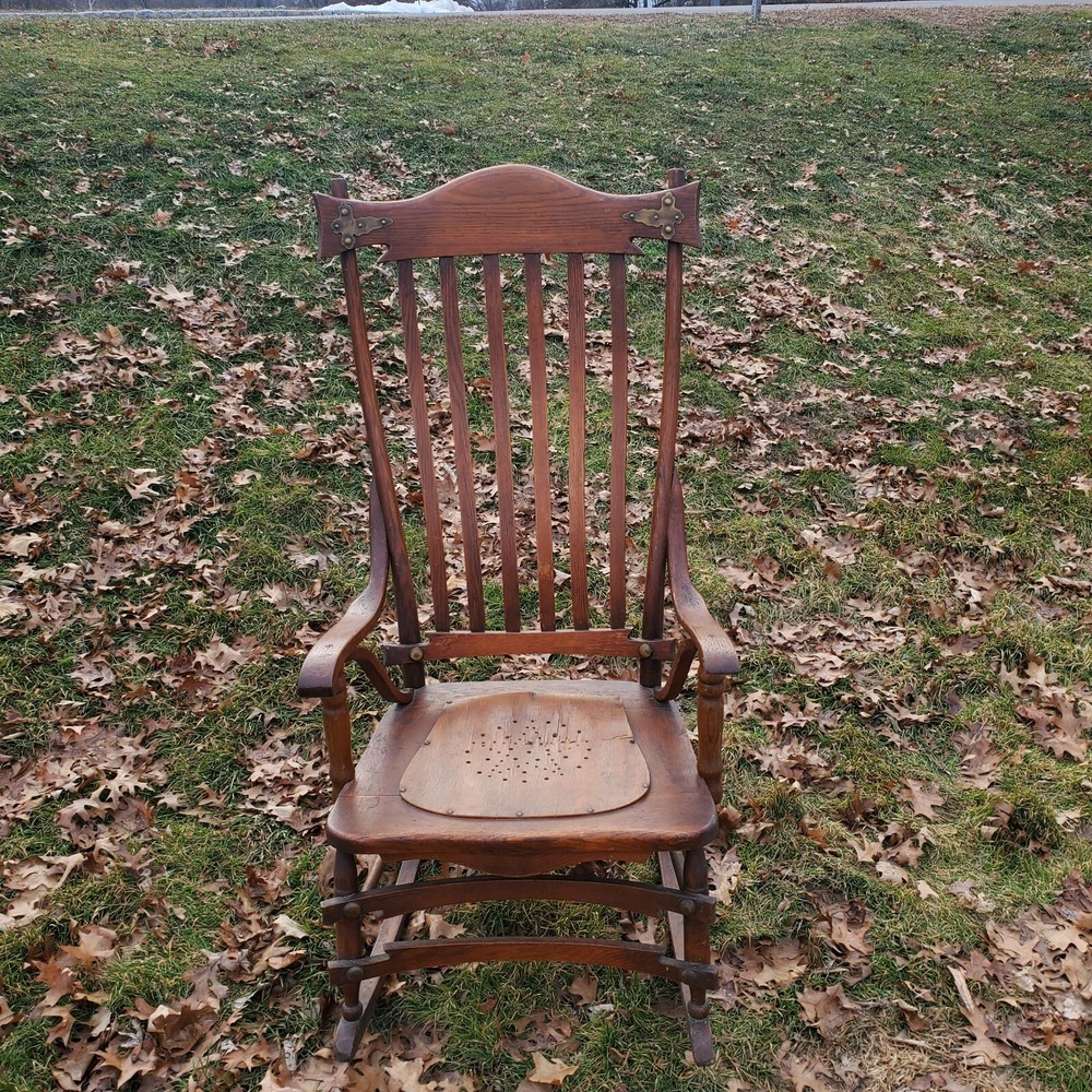 ANTIQUE OAK PRESSED BACK BRASS HARDWARE ROCKING CHAIR