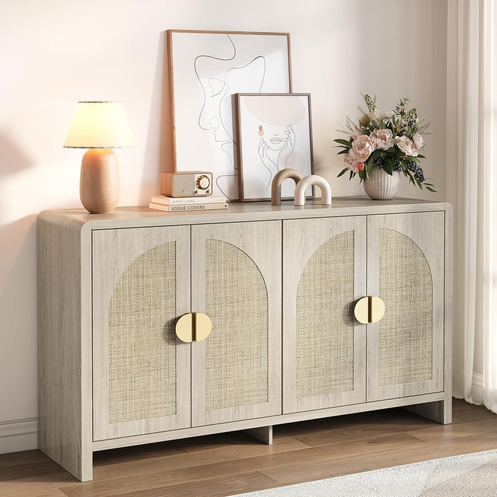 Boho Rattan Sideboard Buffet Cabinet with Adjustable Shelves, 55" Console Table
