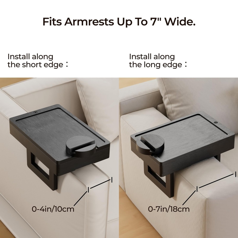 Wealone Mini Black Couch Arm Table for Narrow Armrest, Sofa Tray w/ Storage