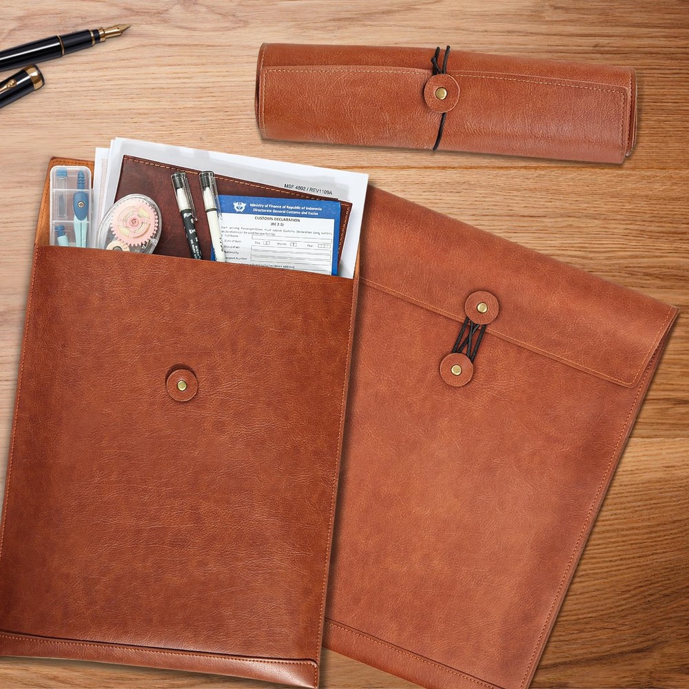 QiXin Brown PU Leather File Folder for Documents,Important 1 PC, Brown-string