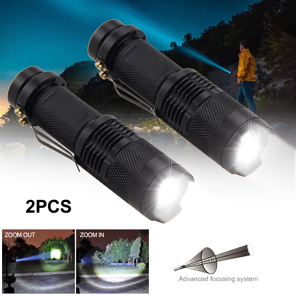 2PCS 1200Lm Mini LED Super Bright Zoom Flashlight Powerful Camping Lamp Torch