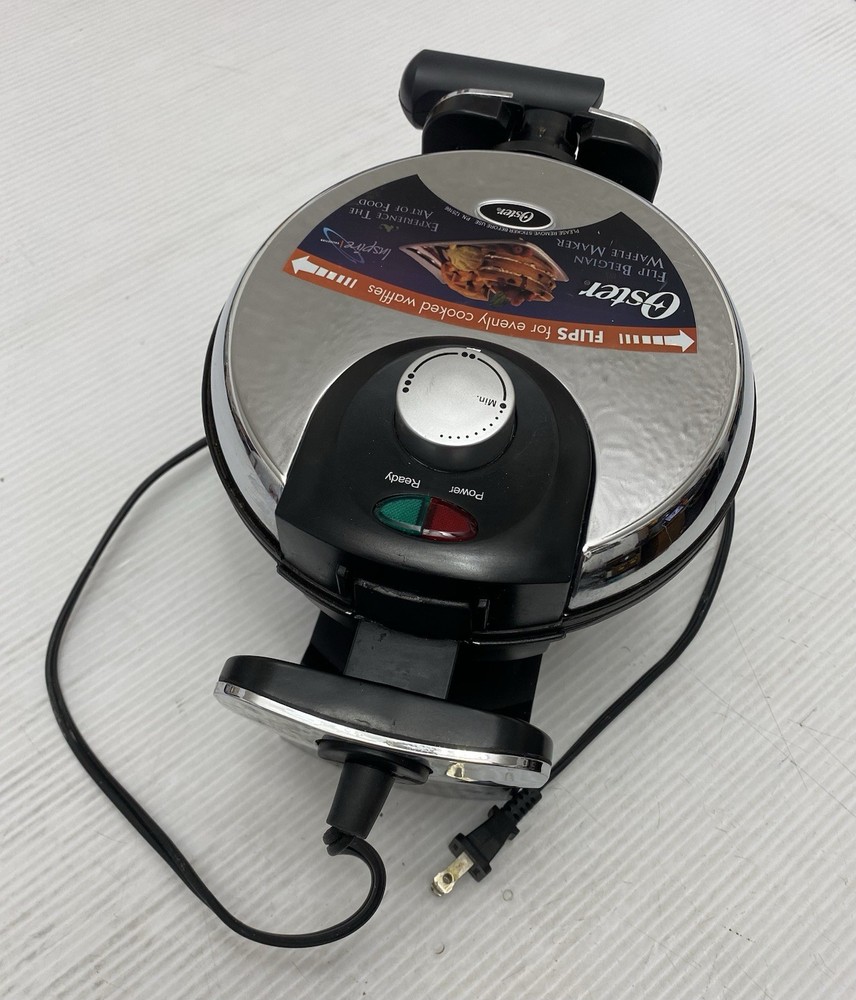 Oster Mod. 3874 Flip Belgian Chrome Waffle Maker Nonstick Easy Clean Easy Store
