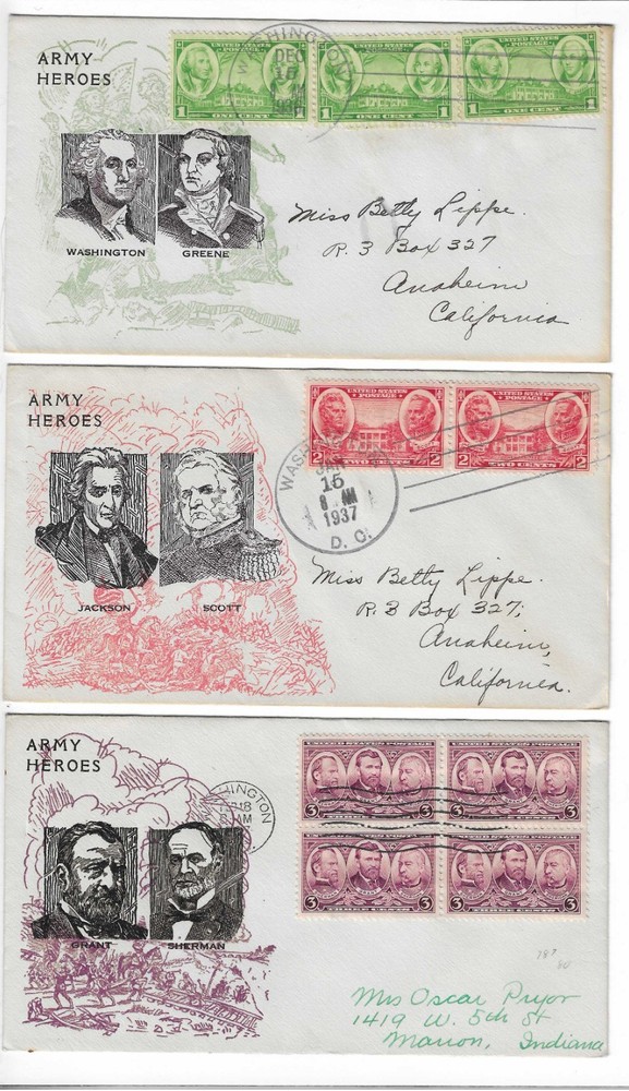 FDC's   #785-94  Army/Navy   -- Bronesky set      1936-37