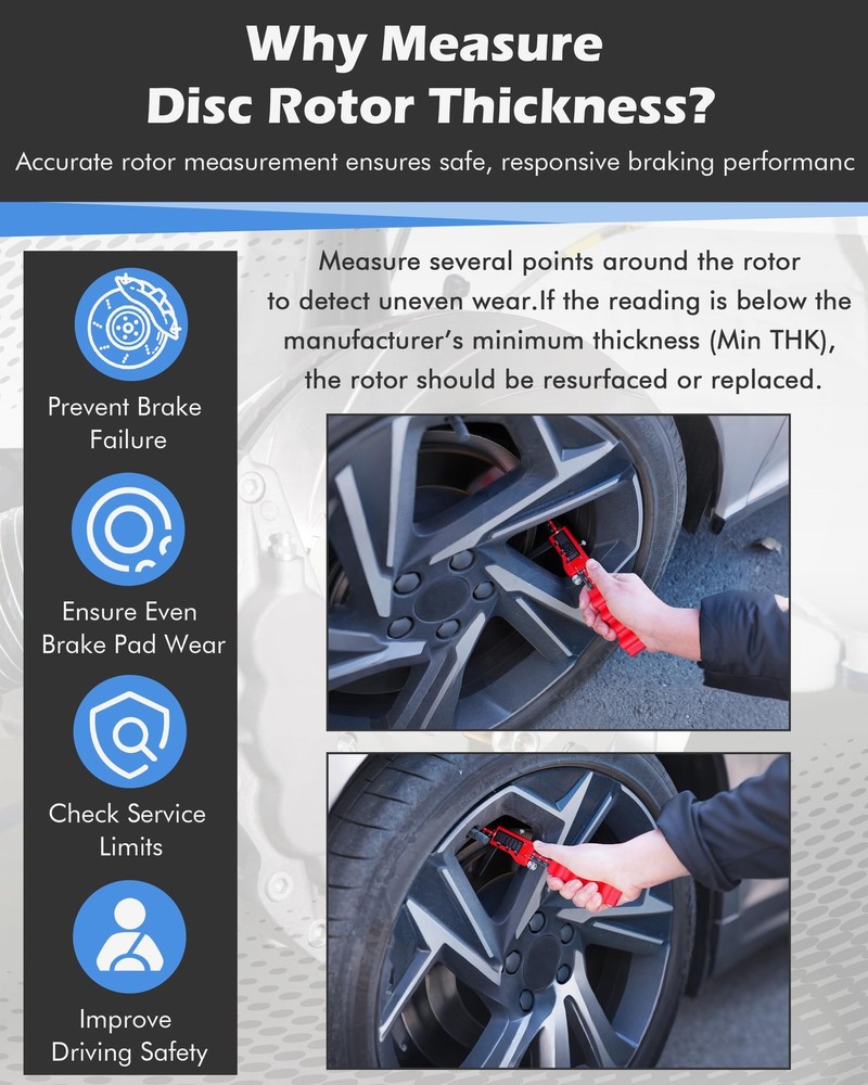 Brake Rotor Measuring Tool, Digital Caliper for Disc Brake Thickness, Wheels-...
