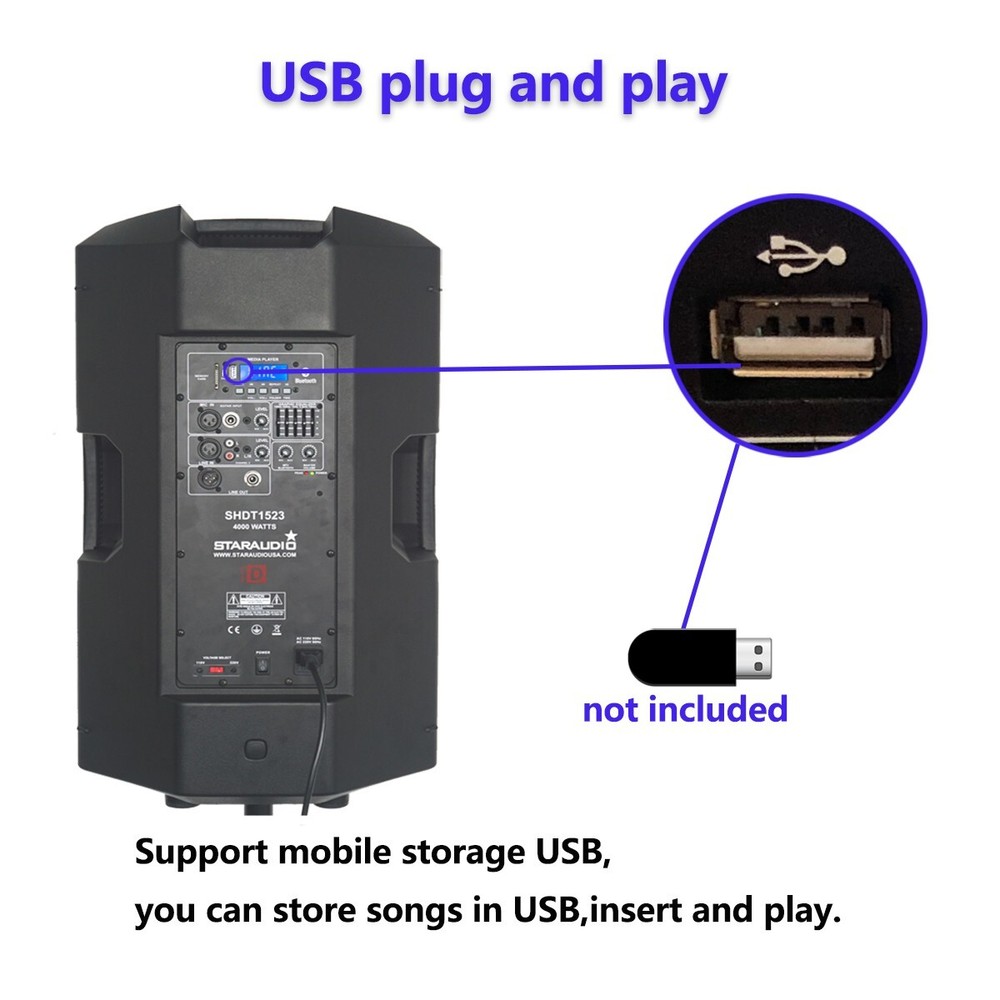 2-Way 15" PA Active DJs Speaker System 4000W Powered Karaoke Bluetooth Speaker