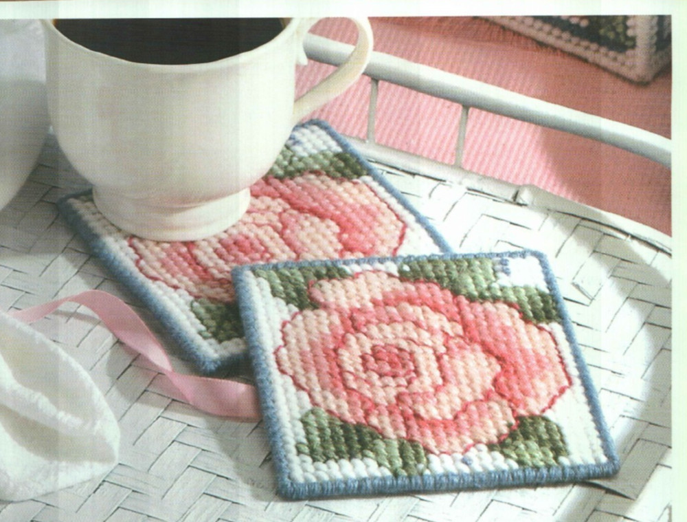 ROMANTIC ROSE COASTERS HOME DECOR PLASTIC CANVAS PATTERN INSTRUCTIONS