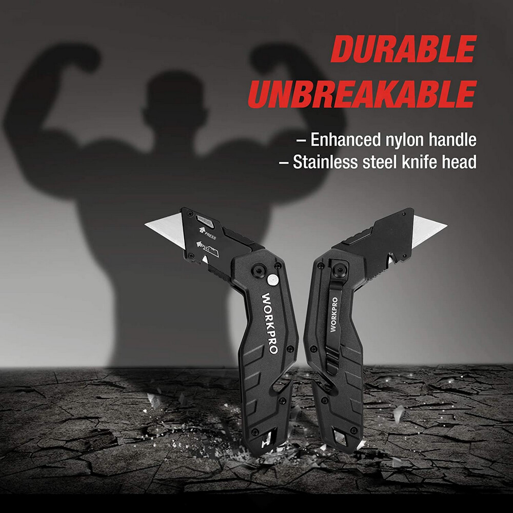 WORKPRO Folding Utility Knife Quick-Change Blade Wire Stripper Gut Hook 10 Blade