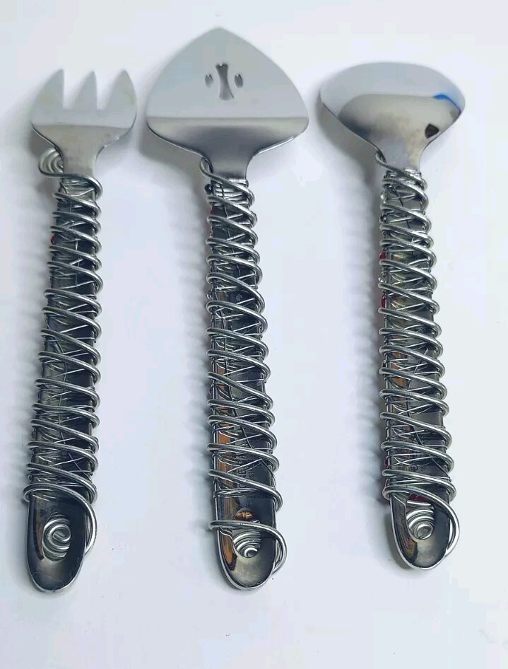 3-Piece ONEIDA ALL STAINLESS SERVING SET PIE CAKE SERVER BEADS & WIRE WRAP
