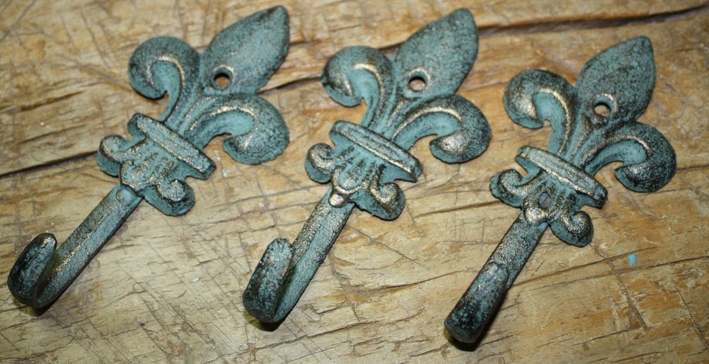 3 Cast Iron Antique Style Rustic Fleur De Lis Coat Hooks Hat Hook Rack Towel #6