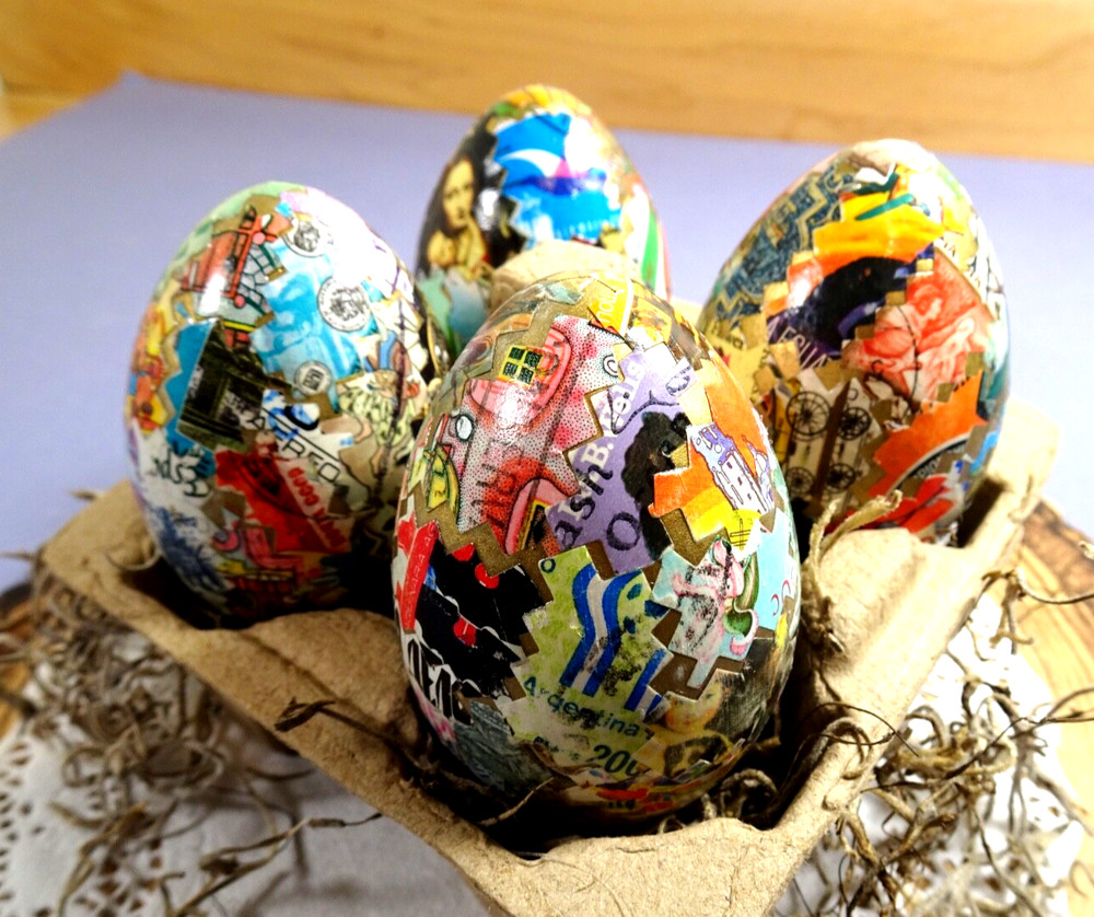 4 Handmade Decoupage EASTER EGGS Vintage Postage Stamps Home Decor Wrapped