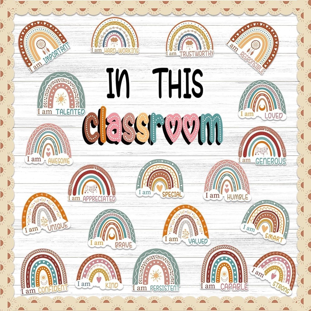 Bulletin Board Decorations, Boho Classroom Decor Set, 43 Pack Boho Rainbow Mo...