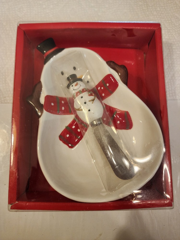 Dip Dish & Spreader Knife Snowman & 2 Holiday Trivets