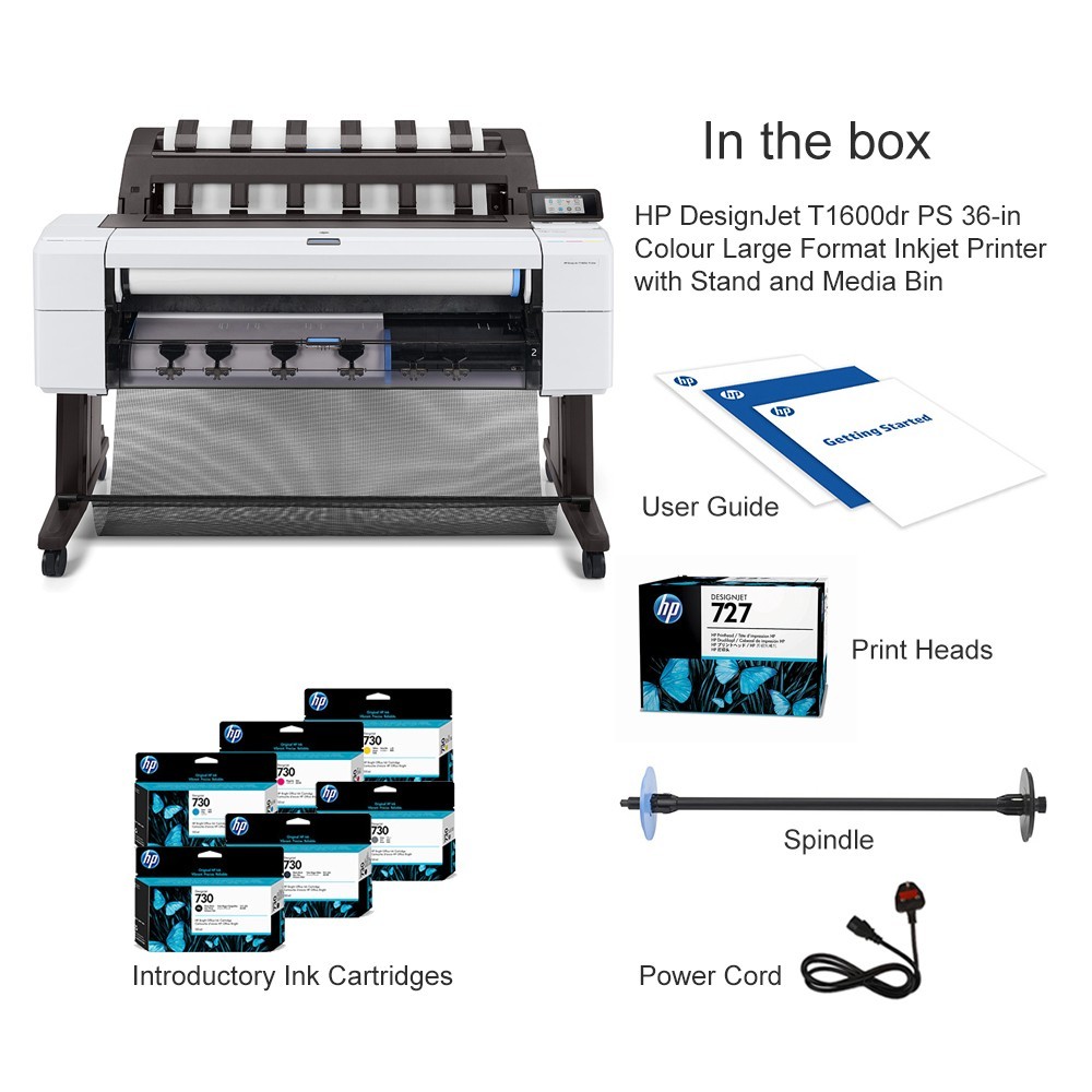 HP DesignJet T1600PS Dual Roll 36" Wide Large Format CAD PDF Plotter Top Stacker