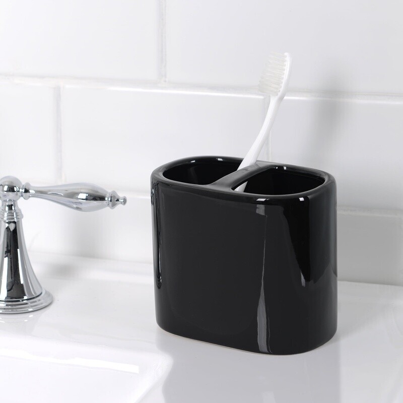 Ceramic Toothbrush Holder Glossy Black Bathroom Storage Two Openings Accessory