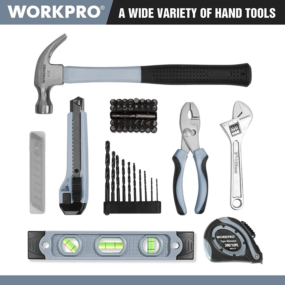 WORKPRO 61PCS 12V Cordless Drill Driver Home Tool Kit Hand Tool Set With 14" Bag