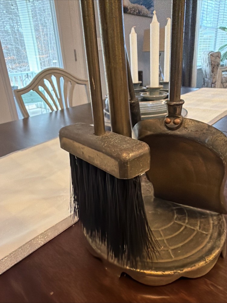 Vintage Solid Brass 4 Piece Fireplace Tool Set Stand, Sweeper, Poker & Shovel
