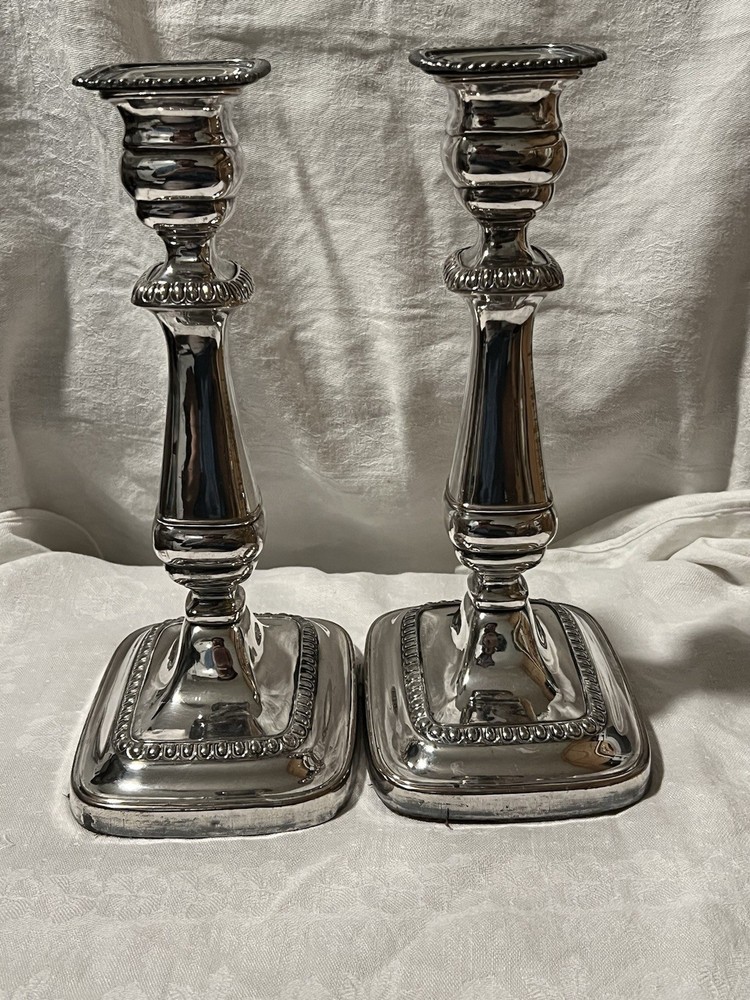 Antique George III OLD SHEFFIELD PLATE Pair of Tall CANDLESTICKS Rectangular