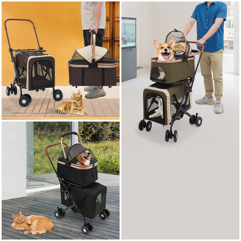 Two-Tier Pet Stroller for Dogs & Cats, 77lbs Capacity, Foldable Design