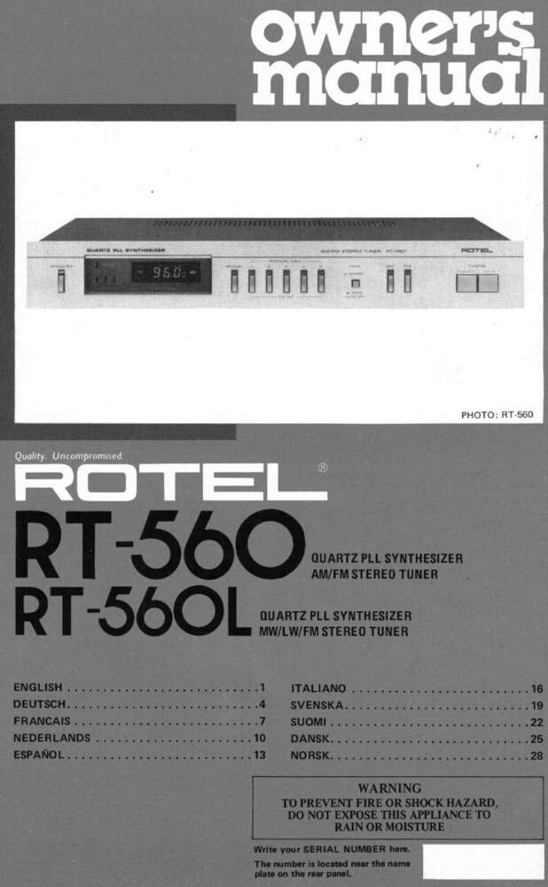 Rotel RT-560L Tuner Owners Manual