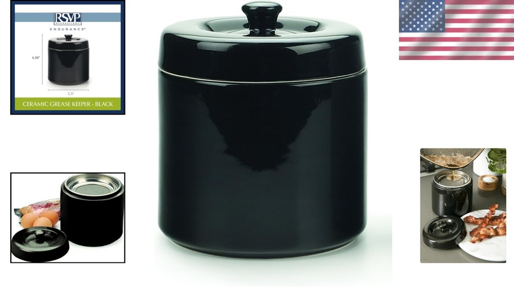 Elegant 6-Cup Stoneware Grease Keeper with Strainer - Black Kitchen Accessory