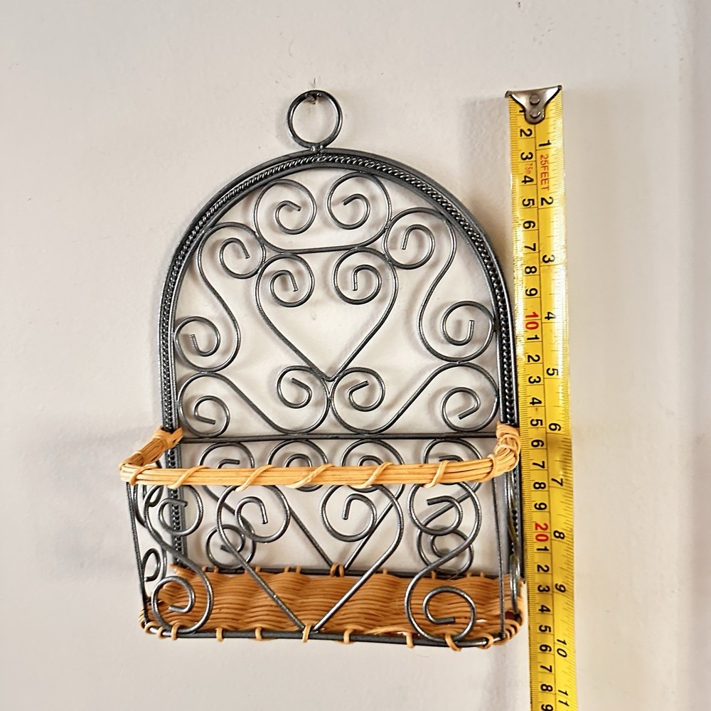 Small Wall Basket Metal and Wicker Scroll Decor