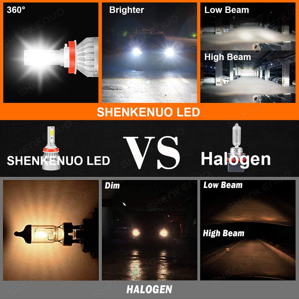 9005 H11 LED Headlight KIT Combo Bulbs 10000K High&Low Beam Super Bright White