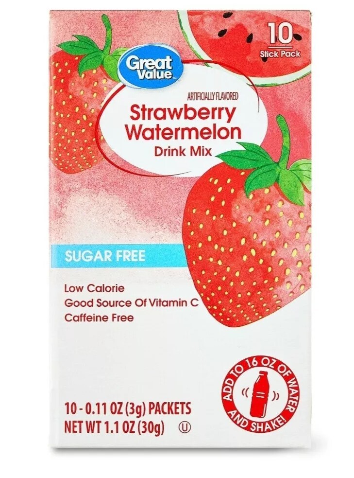 6 BOXES - Great Value Strawberry Watermelon Drink Mix Sugar FREE - 60 PACKETS