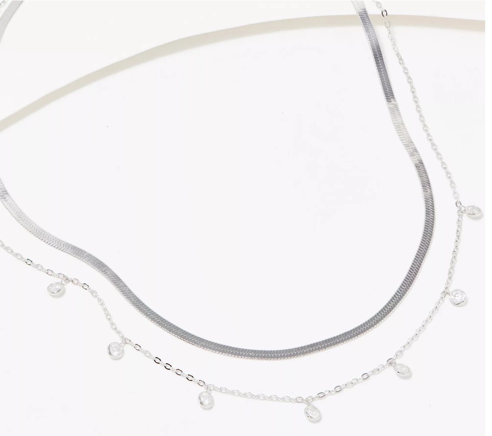 Diamonique Sterling Silver Double Layer Bezel & Herringbone Necklace. 16"