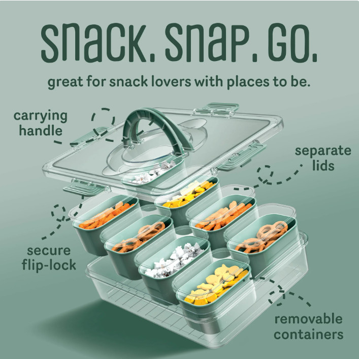 8-Compartment Snack & Food Storage Box – Divided Tray with Lids, Handle, Sage