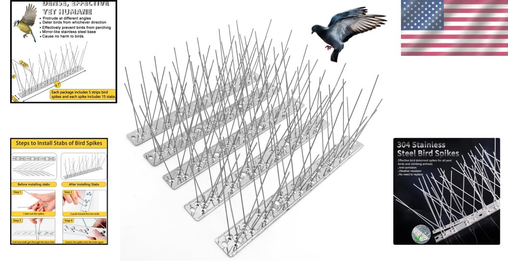 Stainless Steel Bird Spikes 5 Strips 4ft Coverage for Pigeons & Squirrels